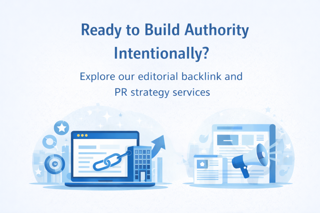 Authority building through editorial backlinks and PR strategy visual concept