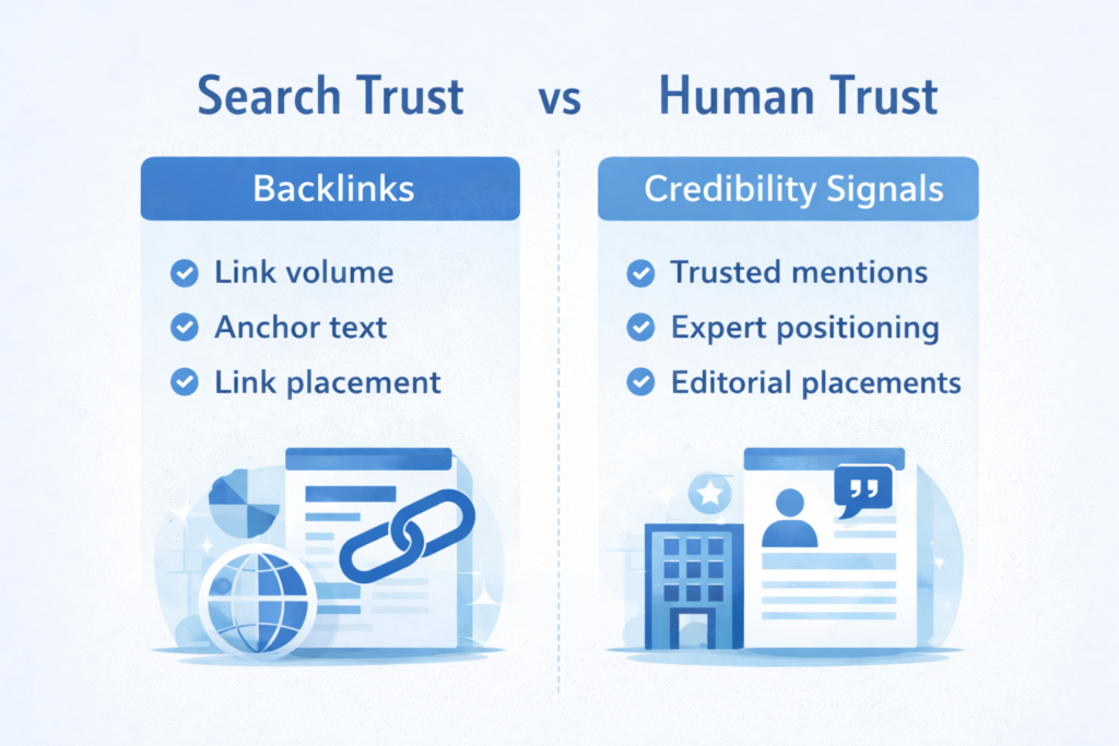 Alt Text Comparison of search trust backlinks versus human trust credibility signals illustration