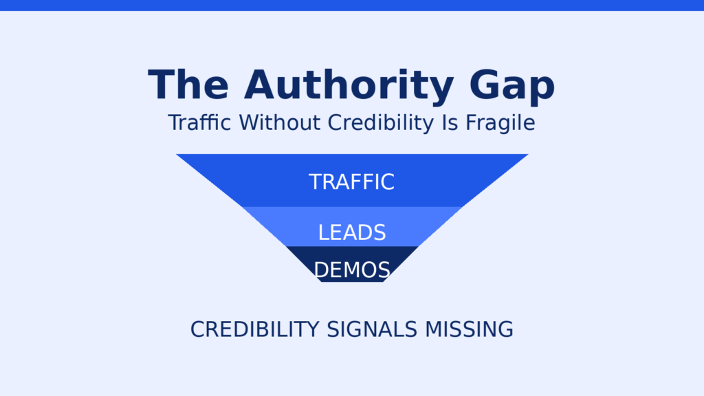 Authority Gap funnel diagram showing traffic, leads, and demos without credibility signals