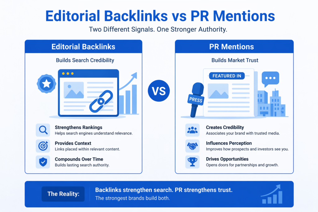 Editorial backlinks vs PR mentions comparison for building brand authority